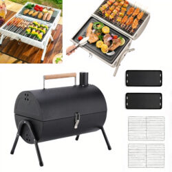 Gratar Portabil 38x25x38cm cu Doua Fete din Metal, cu Maner din Lemn cu Accesorii
