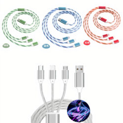 Cablu de Date 3in1 Luminos 1m USB Tip C Micro USB, iPhone cu LED Multicolor și Înveliș Protector TPE Diferite Culori